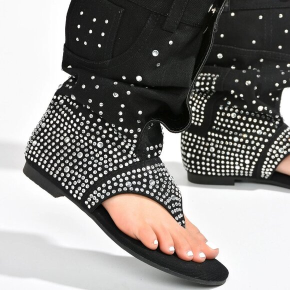 NEW๐ฅ Rhinestone Embellished Slouchy Jean Sandals Mid-Calf Boots Thong Open Toe - Picture 5 of 6